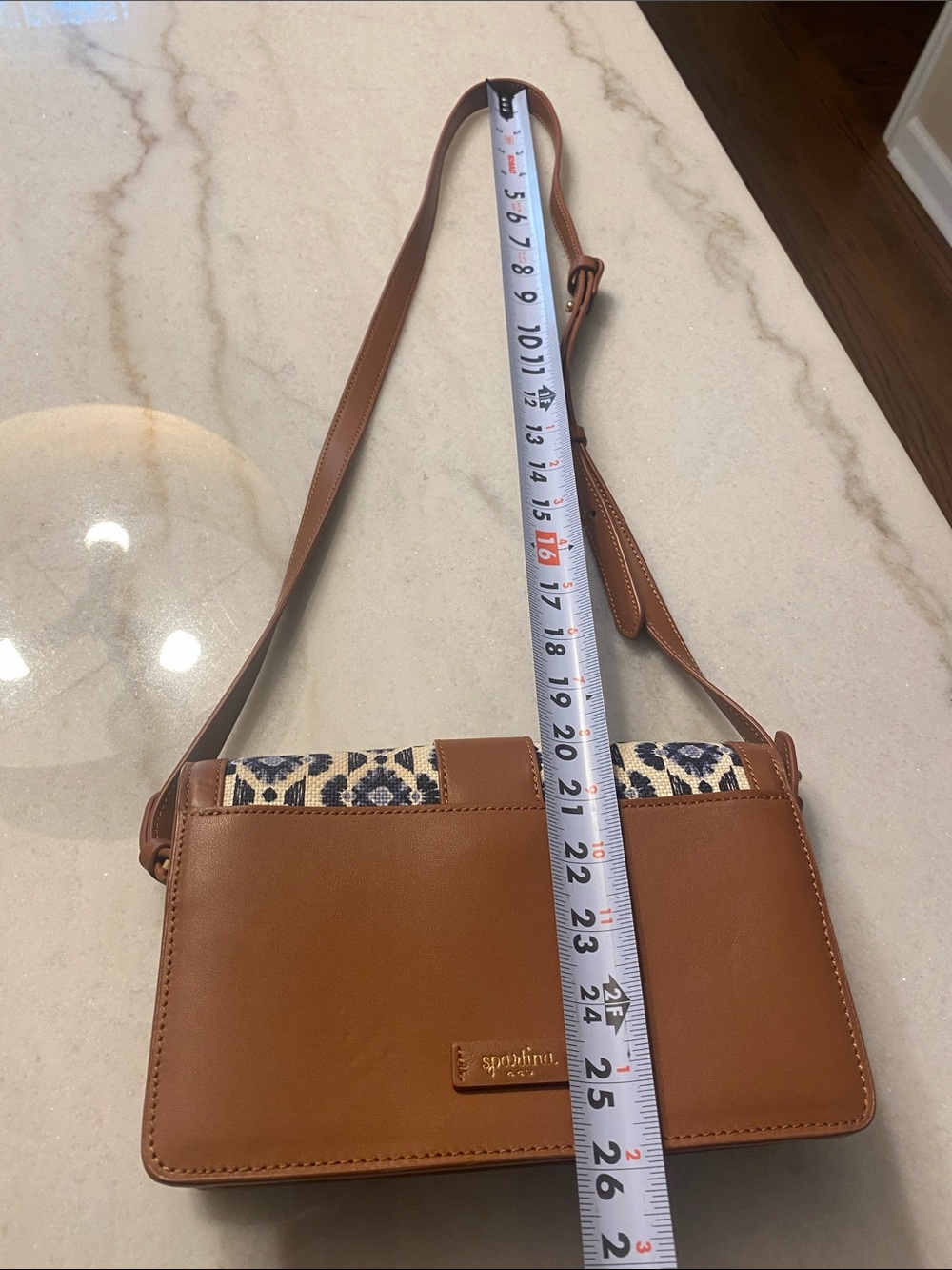 Spartina 449 Brown Leather-Trim Crossbody Bag with Blue raffia Pattern - Picture 12 of 13